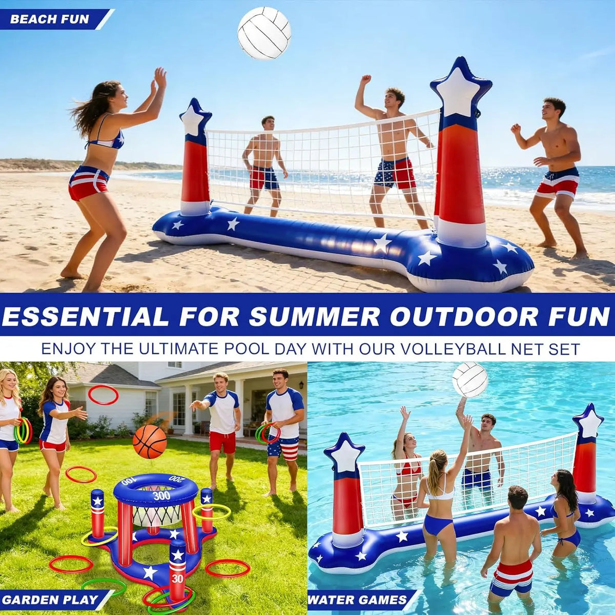 Pool Games Set 3-In-1 Volleyball Net &amp; Basketball Hoop &amp; Ring Toss