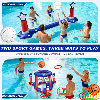 Pool Games Set 3-In-1 Volleyball Net &amp; Basketball Hoop &amp; Ring Toss